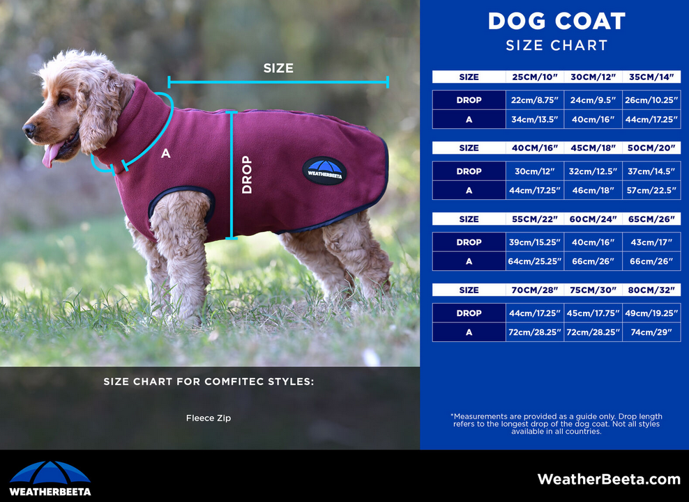 2025 Weatherbeeta Comfitec Fleece Zip Dog Coat  Size Chart